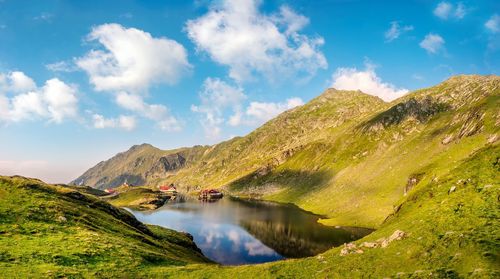Scenic view of lake against cloudy sky