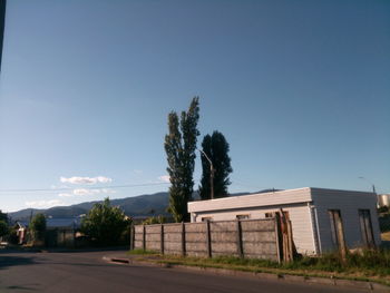 Road by trees and buildings against clear blue sky