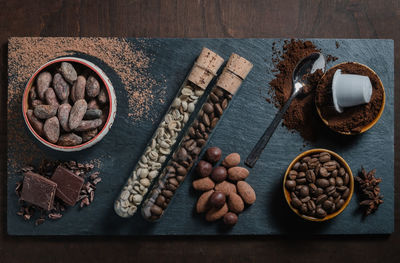 High angle view of coffee beans on table