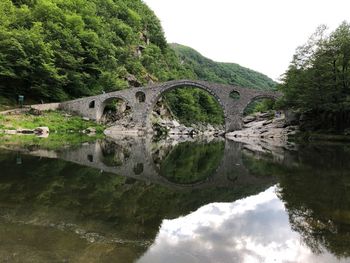 Arch bridge over river against sky