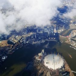 Aerial view of cityscape during foggy weather