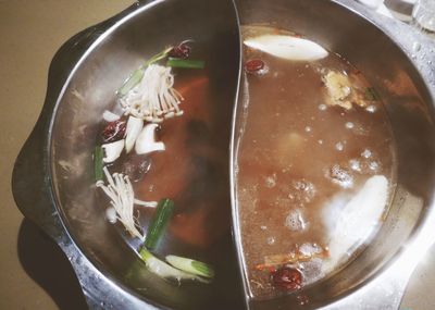 High angle view of soup in bowl on table