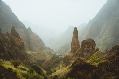 Panoramic view of valley and mountains against sky