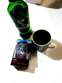 High angle view of coffee cup on table