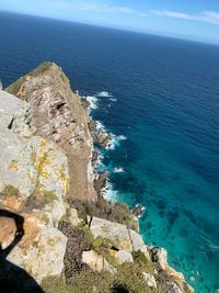 High angle view of rock formation in sea against sky