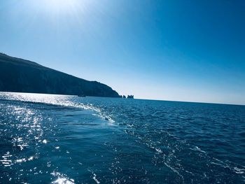 Scenic view of sea against clear blue sky