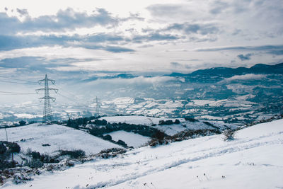 Scenic view of snow covered mountains against sky