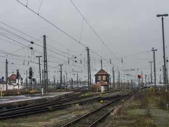 Train on railroad tracks against sky