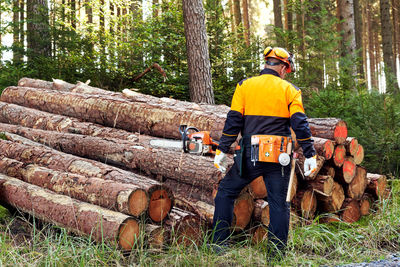 Man working on stack of firewood