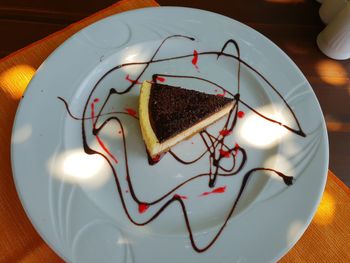 High angle view of cake in plate on table