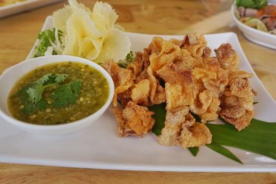 High angle view of food in plate on table