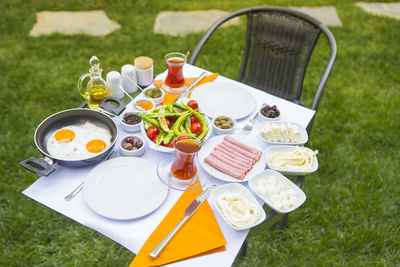 High angle view of breakfast on table