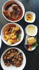 High angle view of food served on table