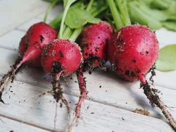 High angle view of strawberries on table