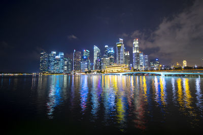 Illuminated city buildings at night