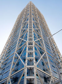 Low angle view of modern building against clear blue sky