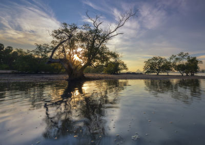 Scenic view of lake against sky during sunset