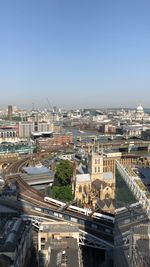 High angle view of buildings against clear sky