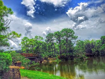 Scenic view of lake against cloudy sky