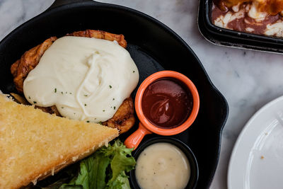 High angle view of breakfast on table