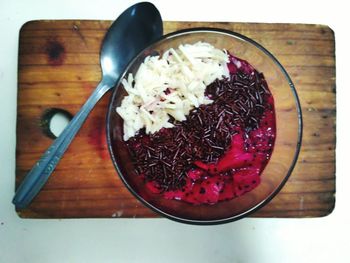 High angle view of food in bowl on table