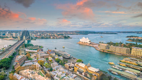 High angle view of city at waterfront