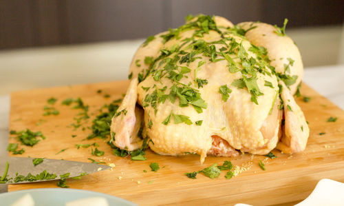 Close-up of food on cutting board in kitchen