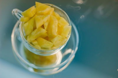 High angle view of fruits in glass on table