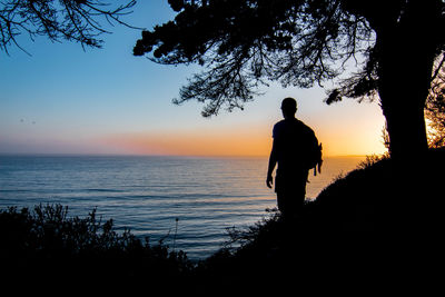 Silhouette man standing by sea against clear sky
