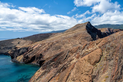 Scenic view of mountain by sea against sky