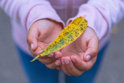 Midsection of woman holding yellow leaf