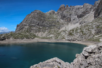 Scenic view of mountain against blue sky