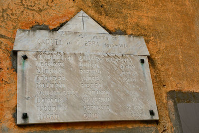 Low angle view of text on wall of old building