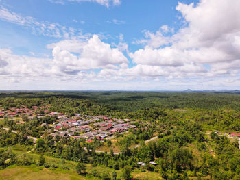 High angle view of trees on field against sky