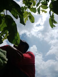Low angle view of leaves against sky
