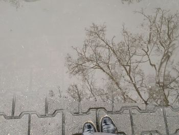 Low section of person wearing black shoes against puddle on footpath