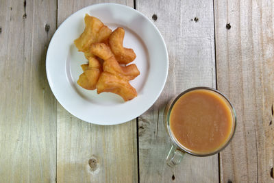 High angle view of breakfast served on table