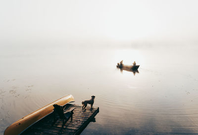 Two people in fishing boat in the fog with dog watching from the dock.