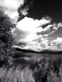 Scenic view of lake against cloudy sky