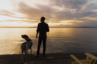 Rear view of man with standing against sky during sunset