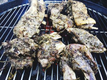 Close-up of meat on barbecue grill