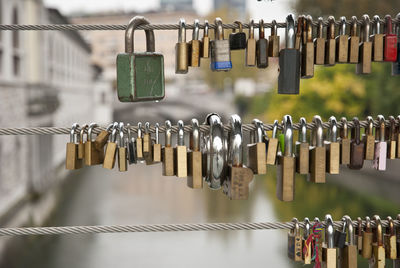 Close-up of padlocks hanging on railing