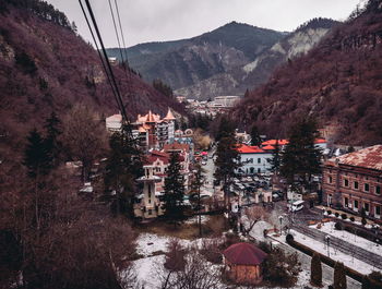 High angle view of houses and buildings in town