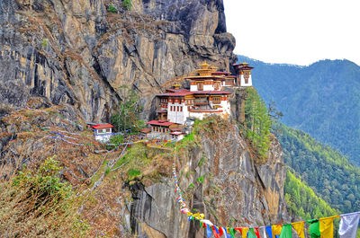 Beautiful small buddhist monastery tiger nest in the mountains of bhutan