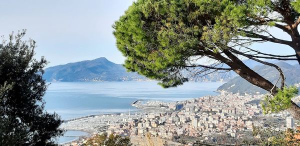 Scenic view of sea by city against sky