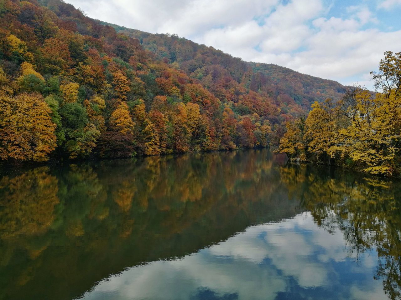 nature, beauty in nature, water, reflection, lake, scenics, tree, tranquility, sky, mountain, tranquil scene, outdoors, autumn, growth, landscape, multi colored, no people, day, sunset