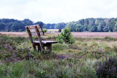 Chair on field against sky