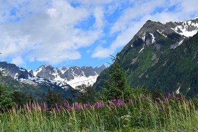 Scenic view of mountains against cloudy sky