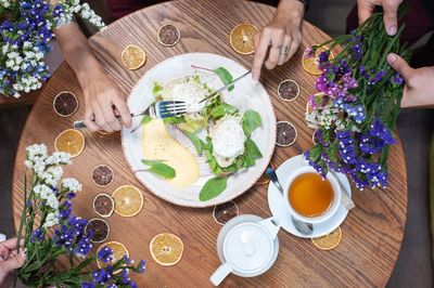 High angle view of meal served on table