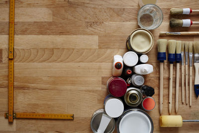 High angle view of bottles on table